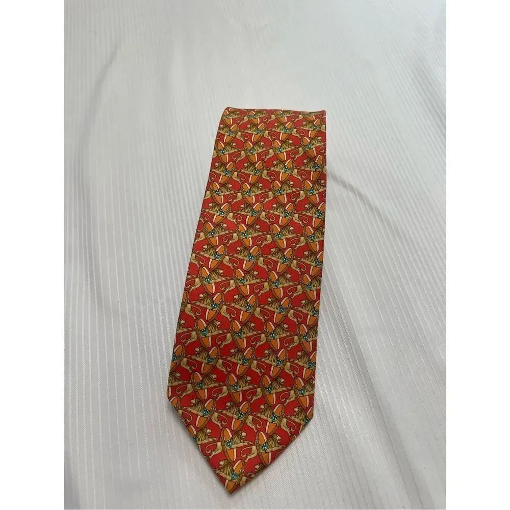 Brooks Brothers Makers Red Orange Lion Horsebit Geometric Tie Necktie